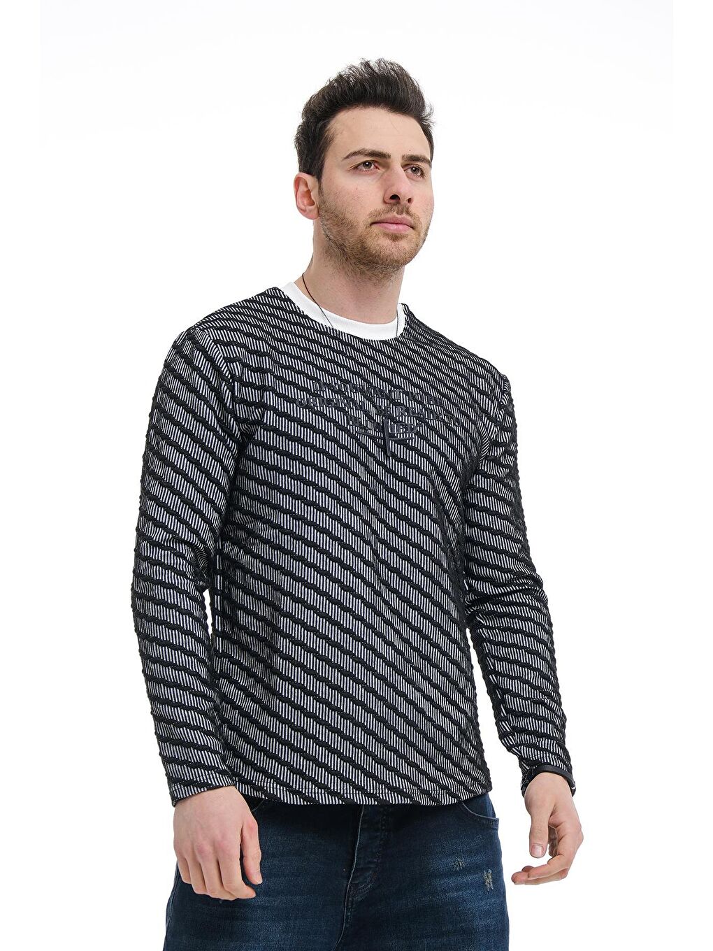 Siyah Bobby Çapraz Çizgili Slim Fit Örgü Erkek Sweatshirt-2