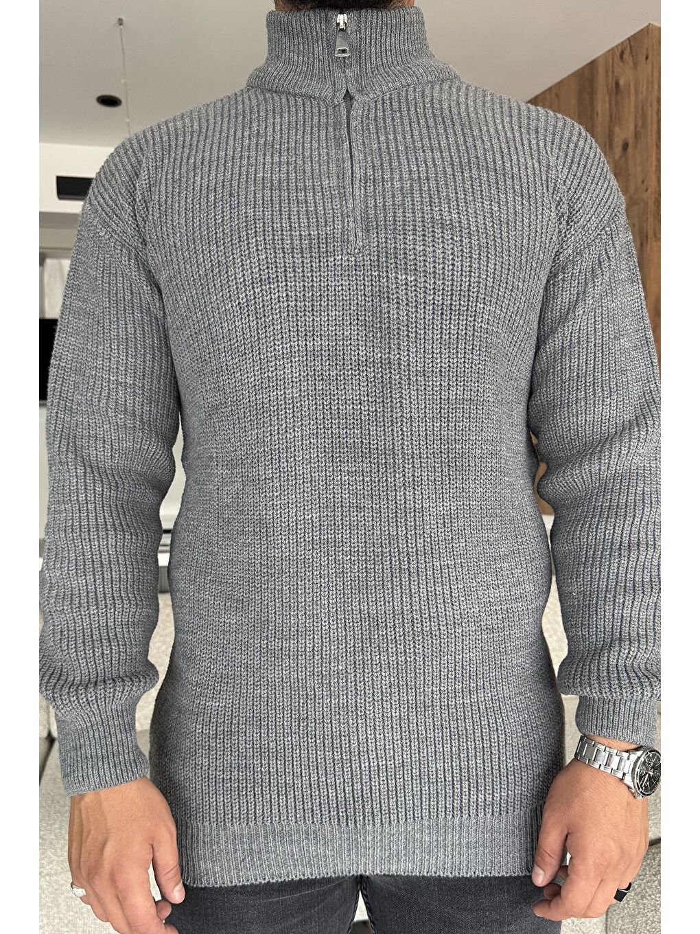 Gri Erkek Yarım Fermuarlı Triko Kazak-2
