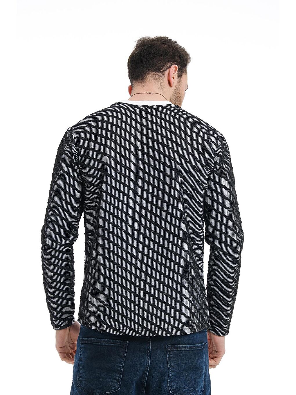 Siyah Bobby Çapraz Çizgili Slim Fit Örgü Erkek Sweatshirt-3