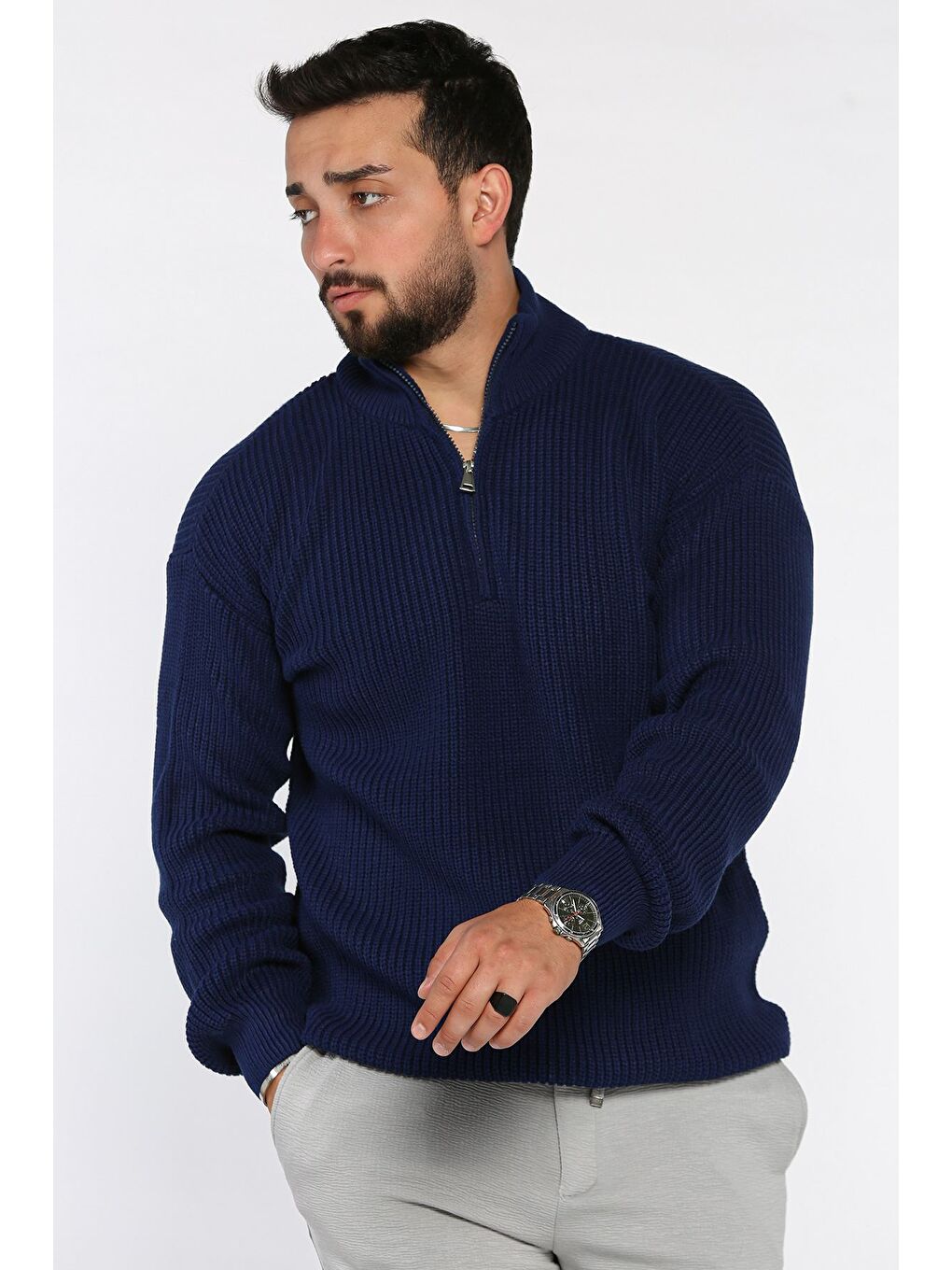 Lacivert Erkek Yarım Fermuarlı Triko Kazak-1