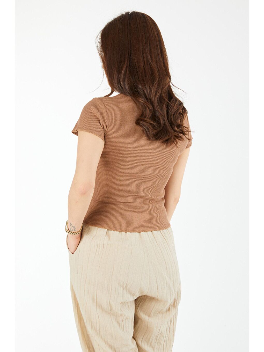 Kahverengi Bisiklet Yaka Kadın Taba Kısa Kollu Bluz - 24437-4