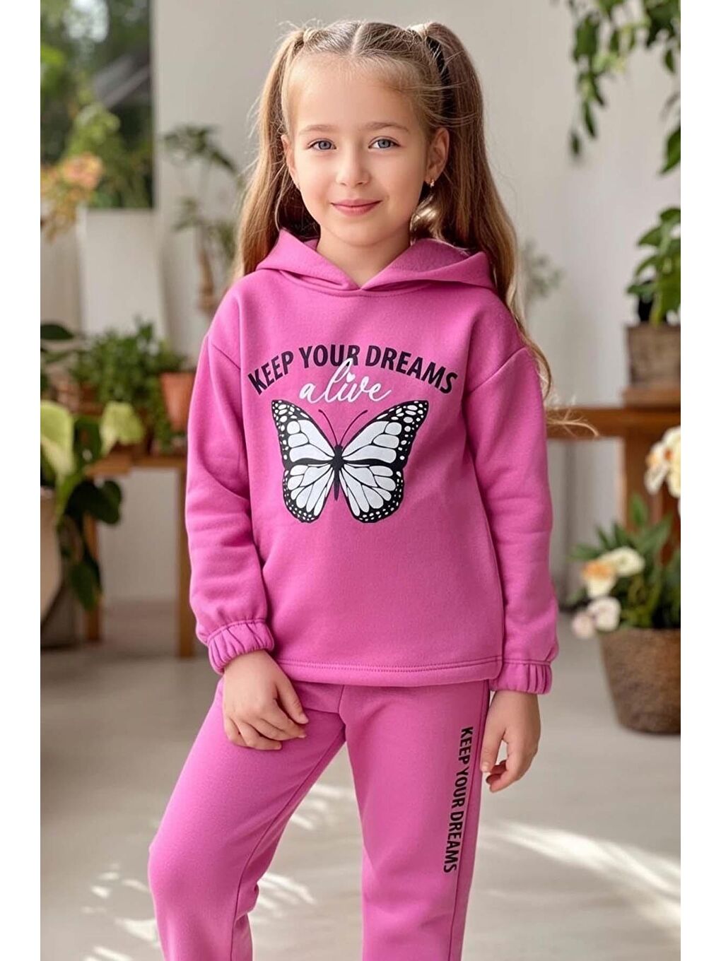 Kız Çocuk Üzeri Kara Kalem Kelebek Baskı ve Yazı Detaylı Sweat Paçası Lastikli Mor Eşofman Takım-2