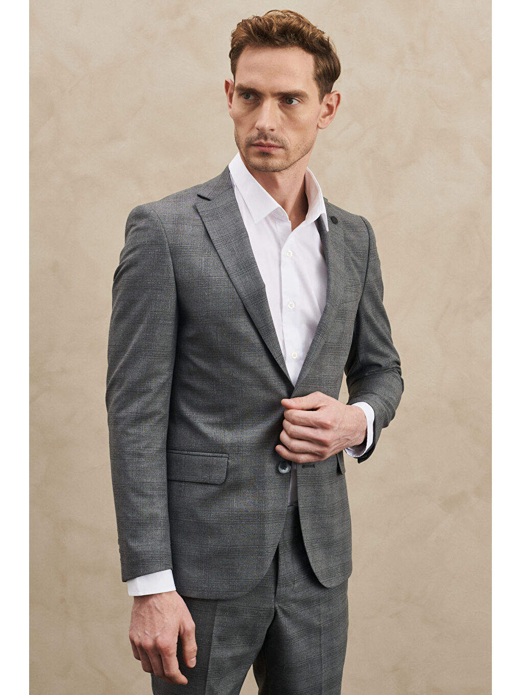Erkek Gri Ekstra Slim Fit Dar Kesim Mono Yaka Kareli Takım Elbise