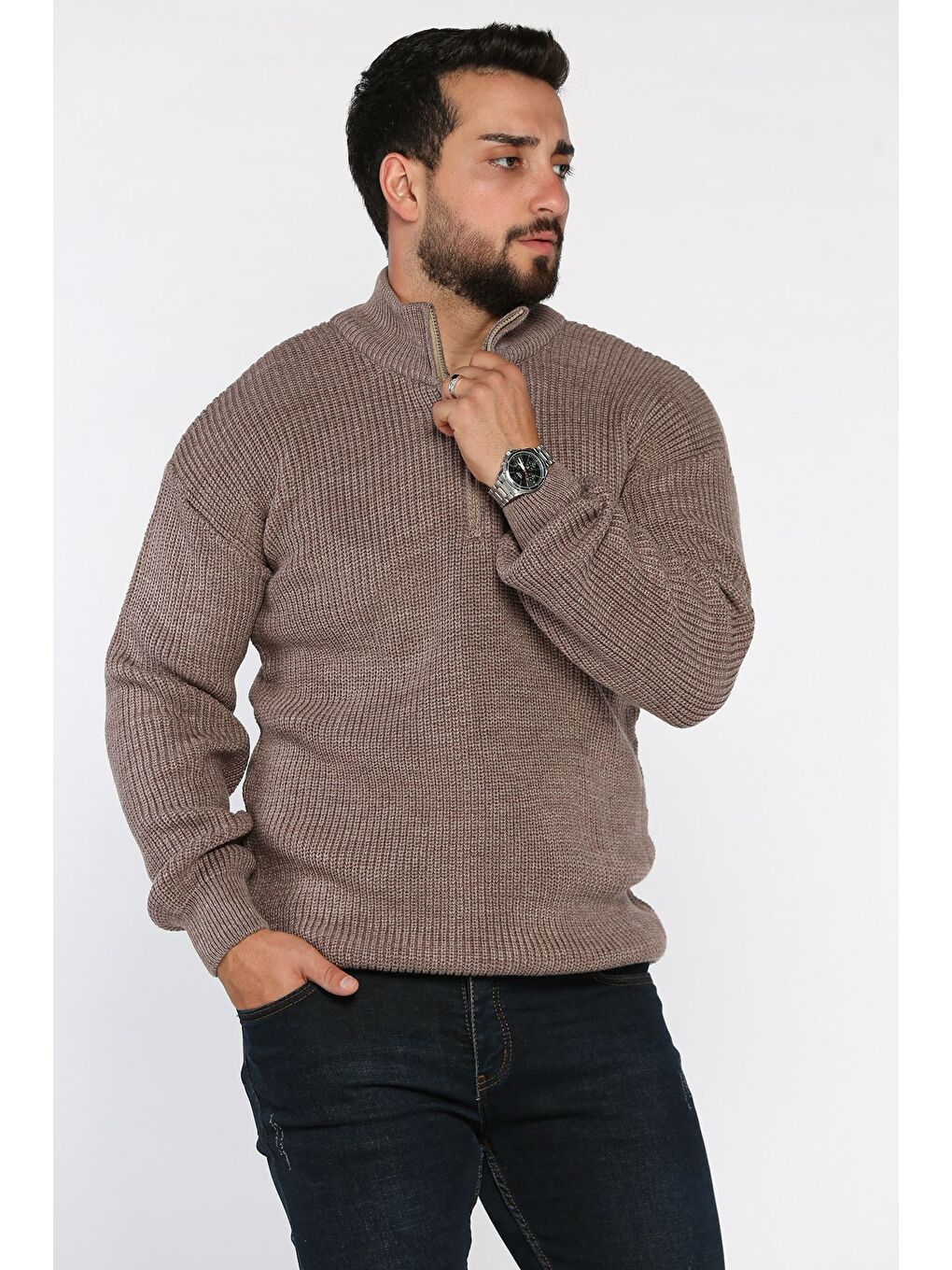 Bej Erkek Yarım Fermuarlı Triko Kazak-1