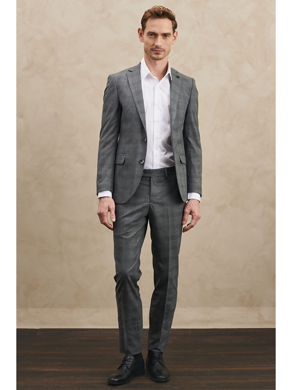 Erkek Gri Ekstra Slim Fit Dar Kesim Mono Yaka Kareli Takım Elbise-1