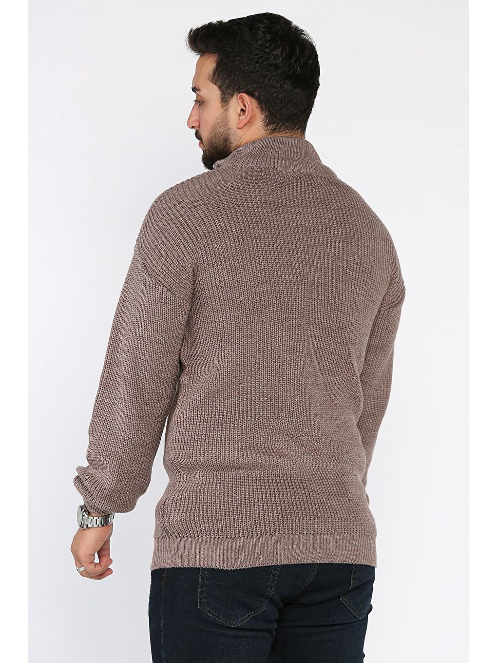 Bej Erkek Yarım Fermuarlı Triko Kazak-2