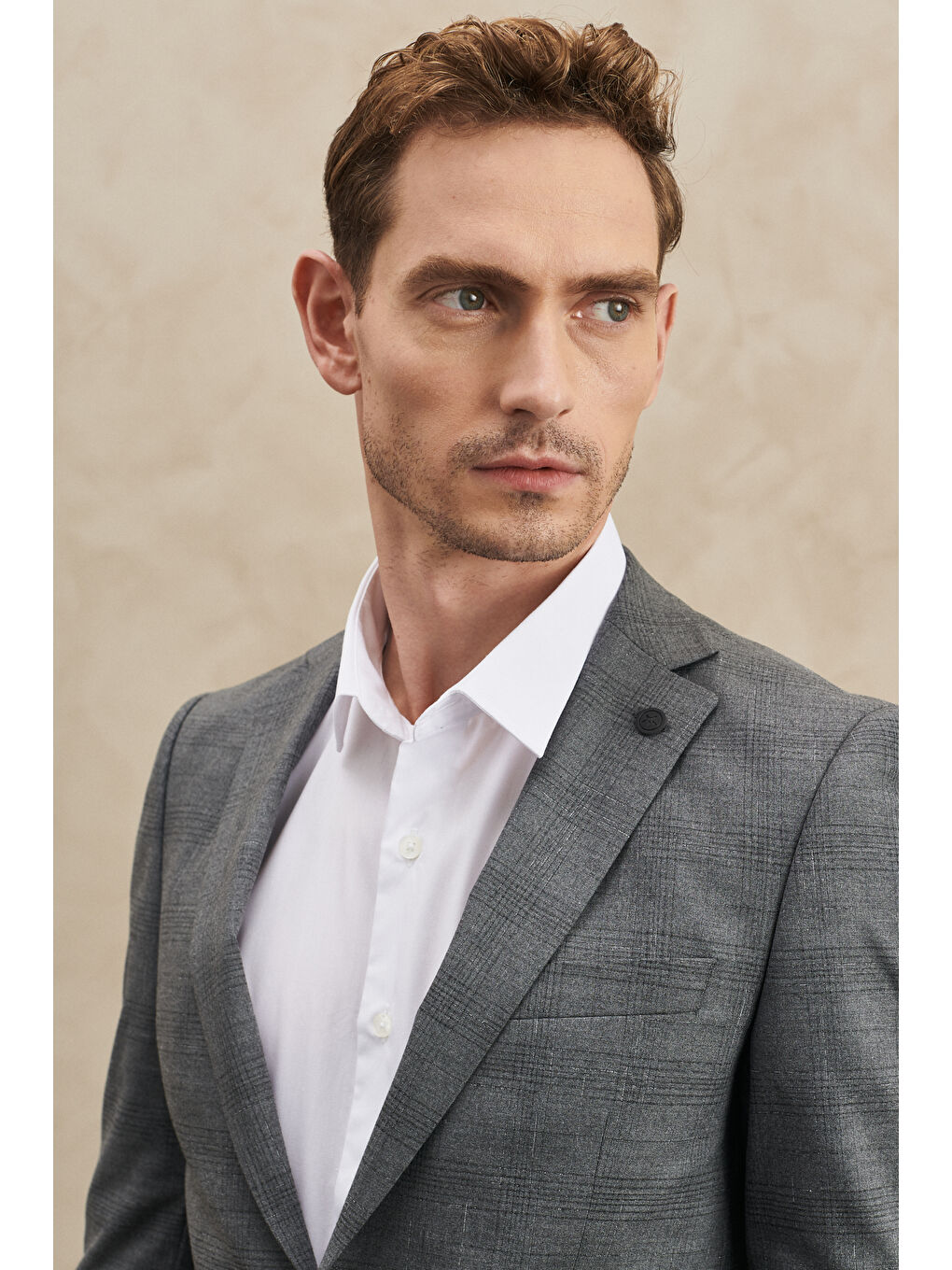 Erkek Gri Ekstra Slim Fit Dar Kesim Mono Yaka Kareli Takım Elbise-2