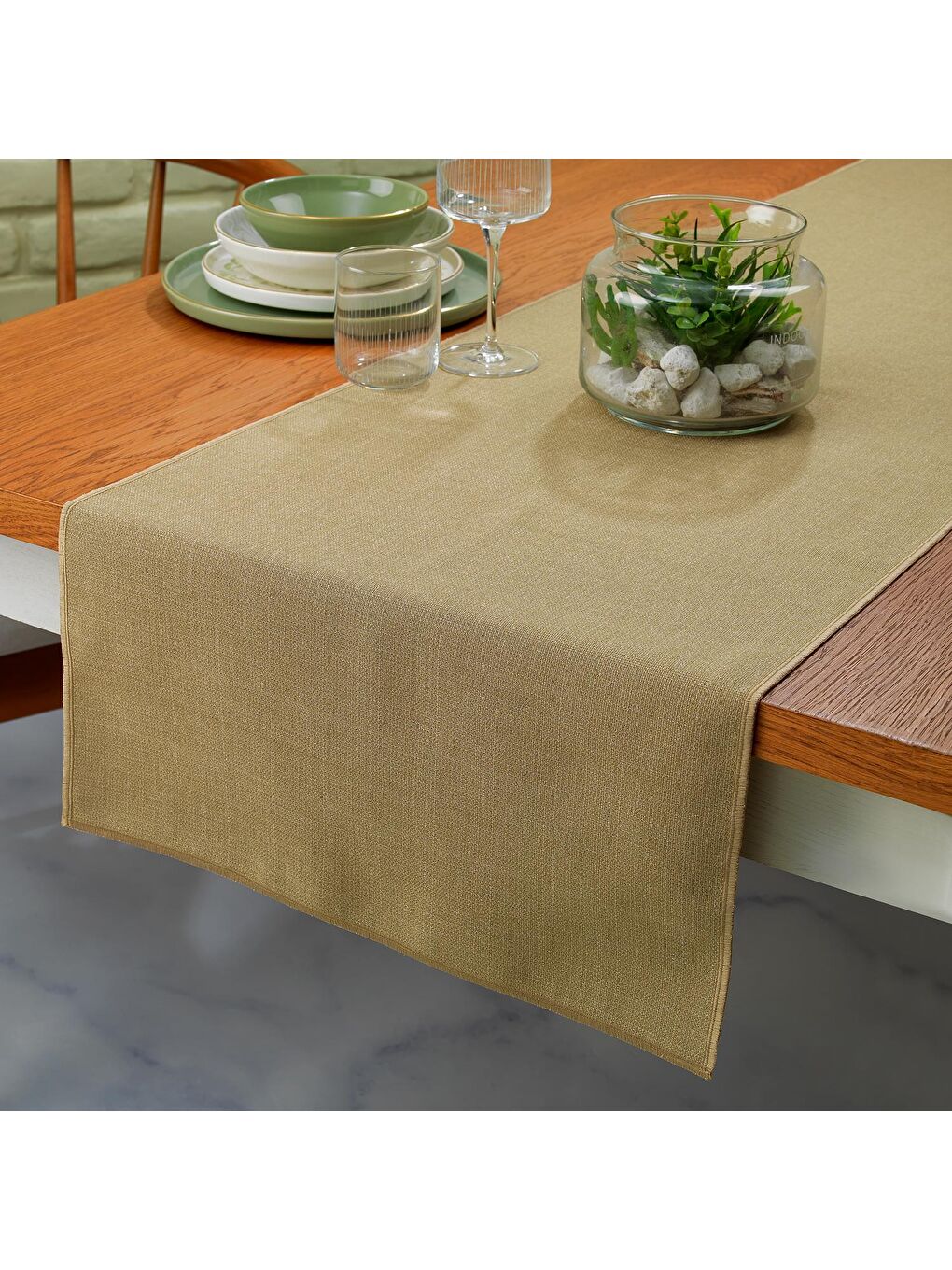 SCHAFER Yeşil Home Bianca Keten Polyester Runner 40x160-Yeşil