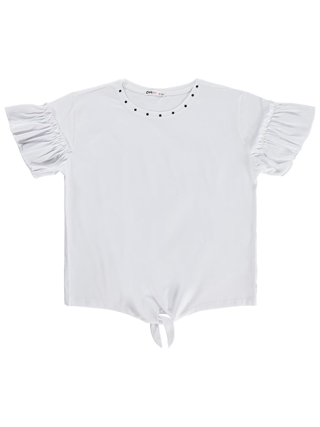 Girls Önü Bağlamalı Taşlı 10-13 Yaş Tişört - Ekru