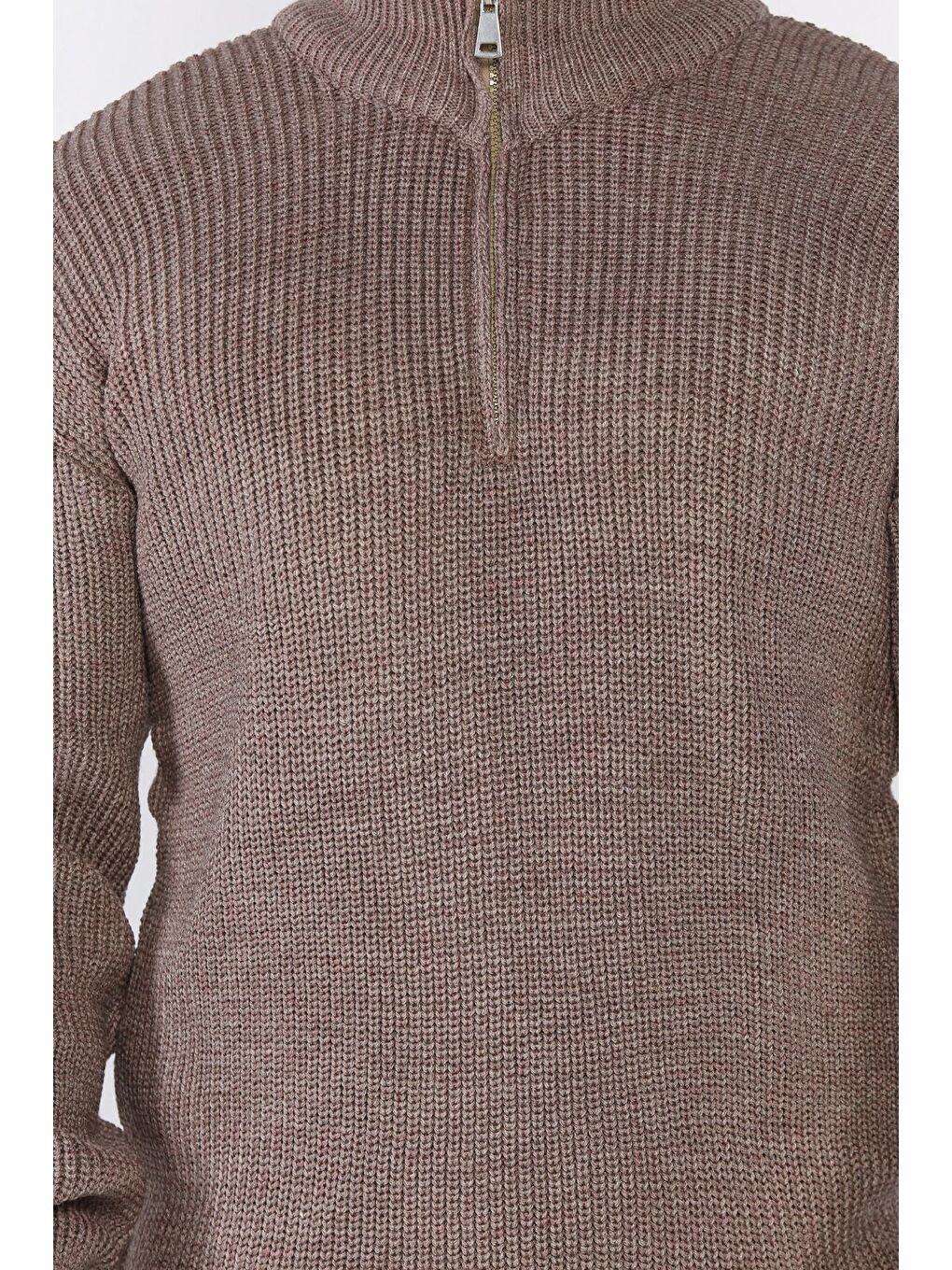 Bej Erkek Yarım Fermuarlı Triko Kazak-3