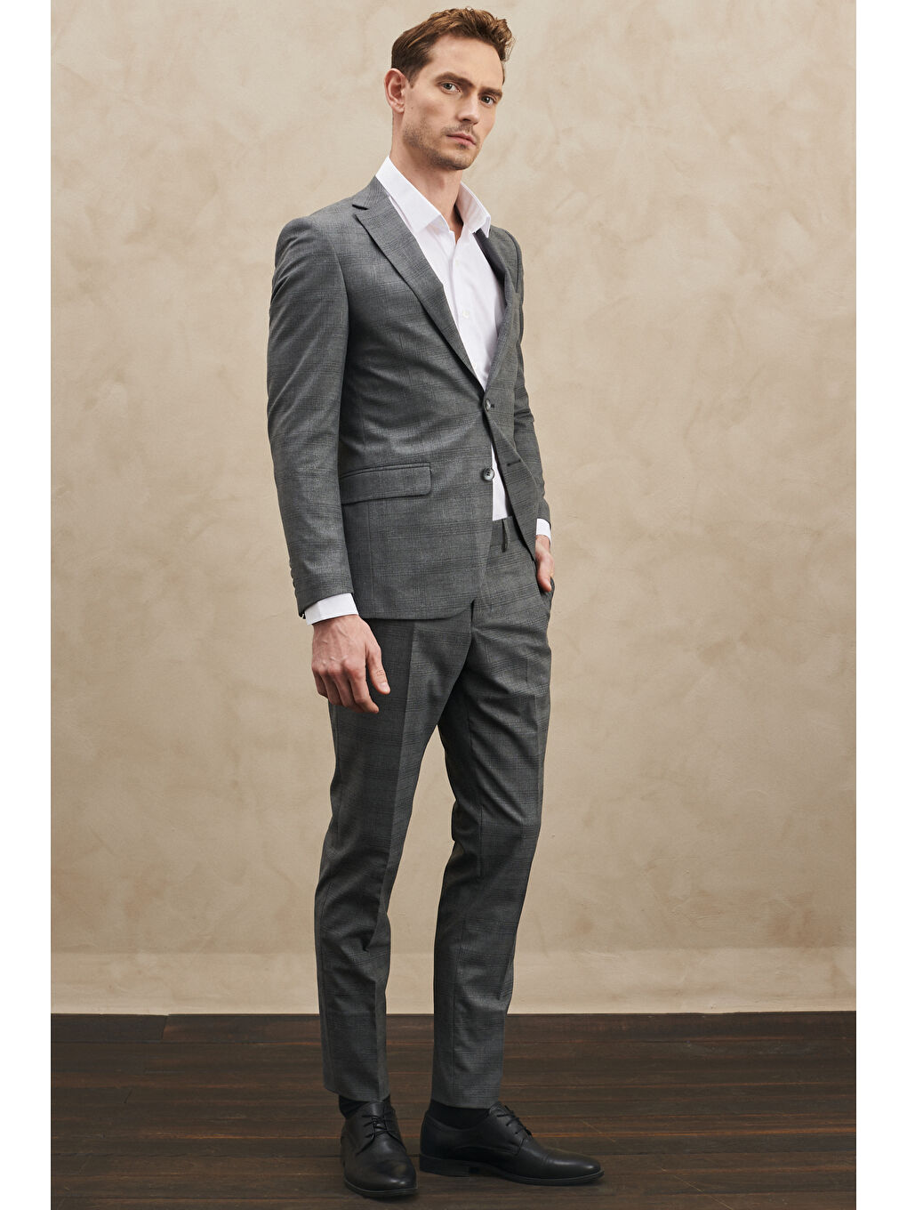 Erkek Gri Ekstra Slim Fit Dar Kesim Mono Yaka Kareli Takım Elbise-4