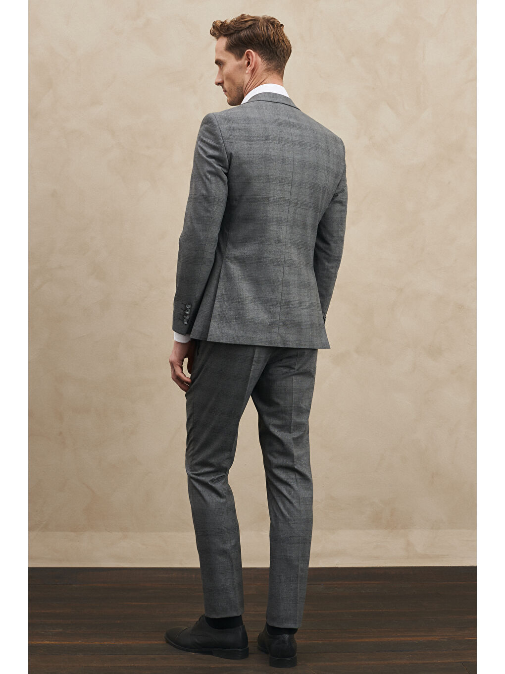 Erkek Gri Ekstra Slim Fit Dar Kesim Mono Yaka Kareli Takım Elbise-5