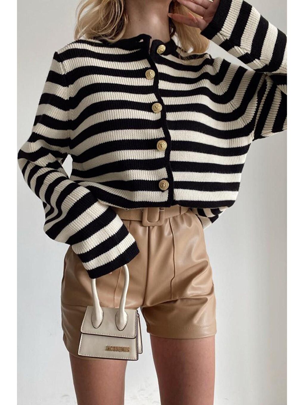 Siyah Çizgili Bisiklet Yaka Gold Düğme Detaylı Cotton Hırka Mg1605-6