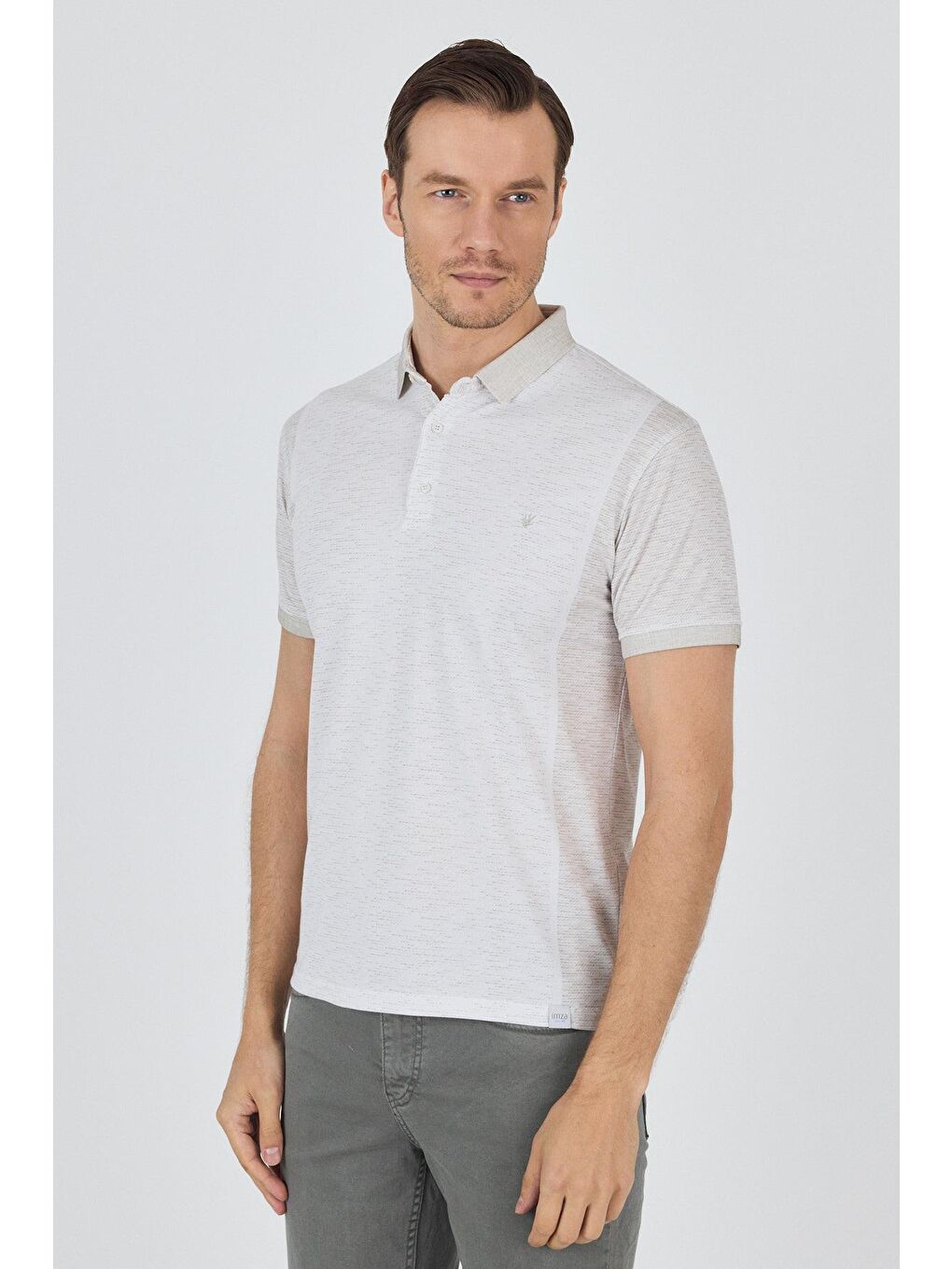 Bej Kısa Kol Baskılı Pike Polo Yaka Cepsiz Slim Fit Tişört 1011250167-2