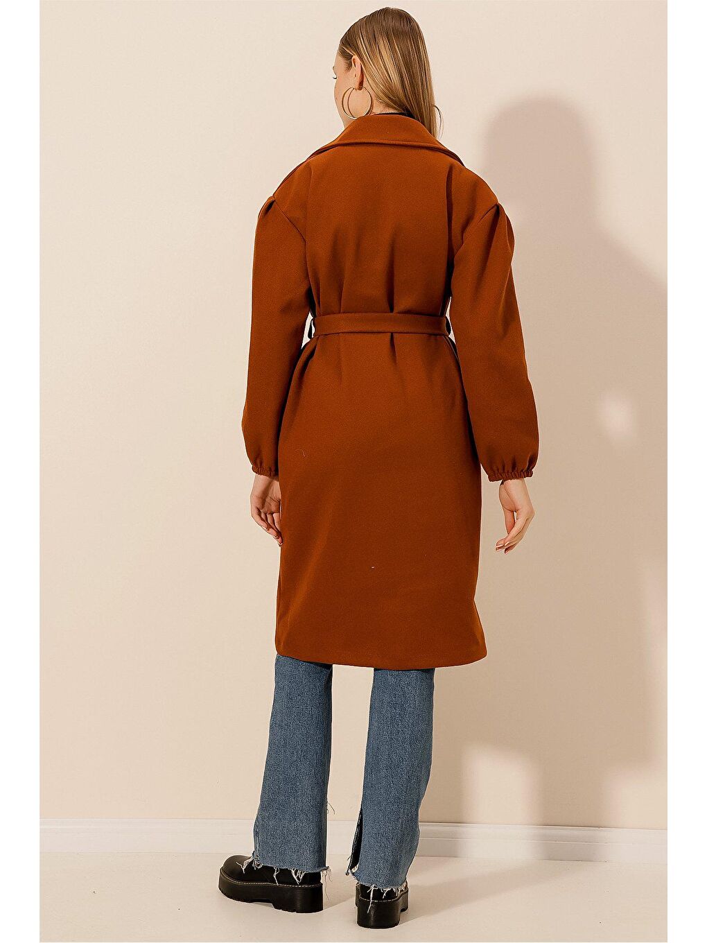 Kahverengi Kaşe Kuşaklı Oversize KABAN-4