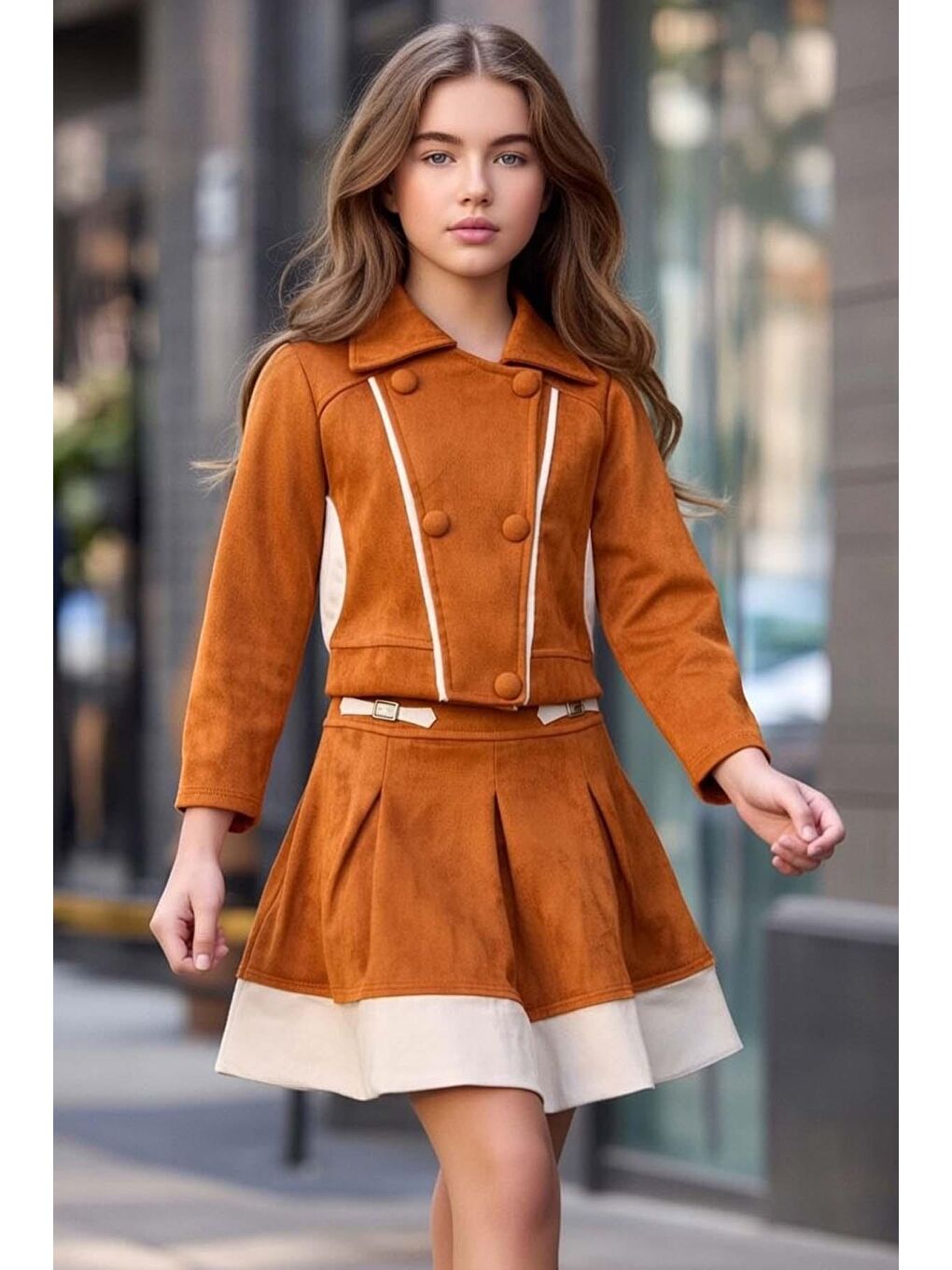 Kahverengi Kız Çocuk Şerit Detaylı Gömlek Yaka Ceket Beli Manşetli Piliseli Süet Taba Etekli Takım-1