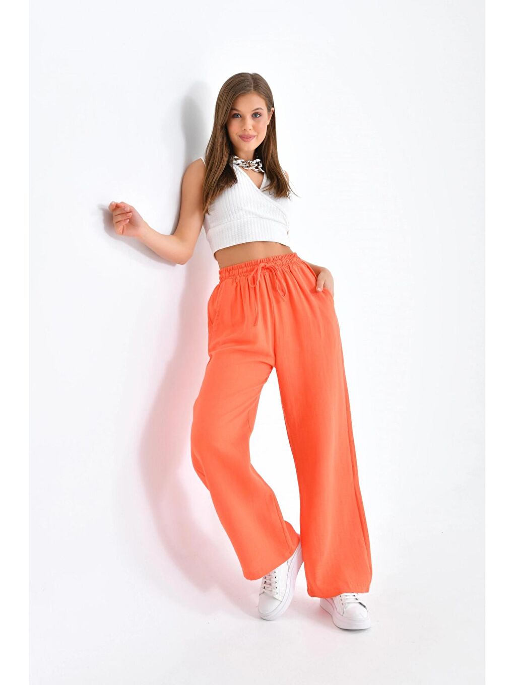Turuncu Kadın Bol Paça Oranj Renk Pantolon