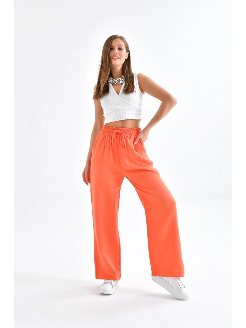 Turuncu Kadın Bol Paça Oranj Renk Pantolon-2