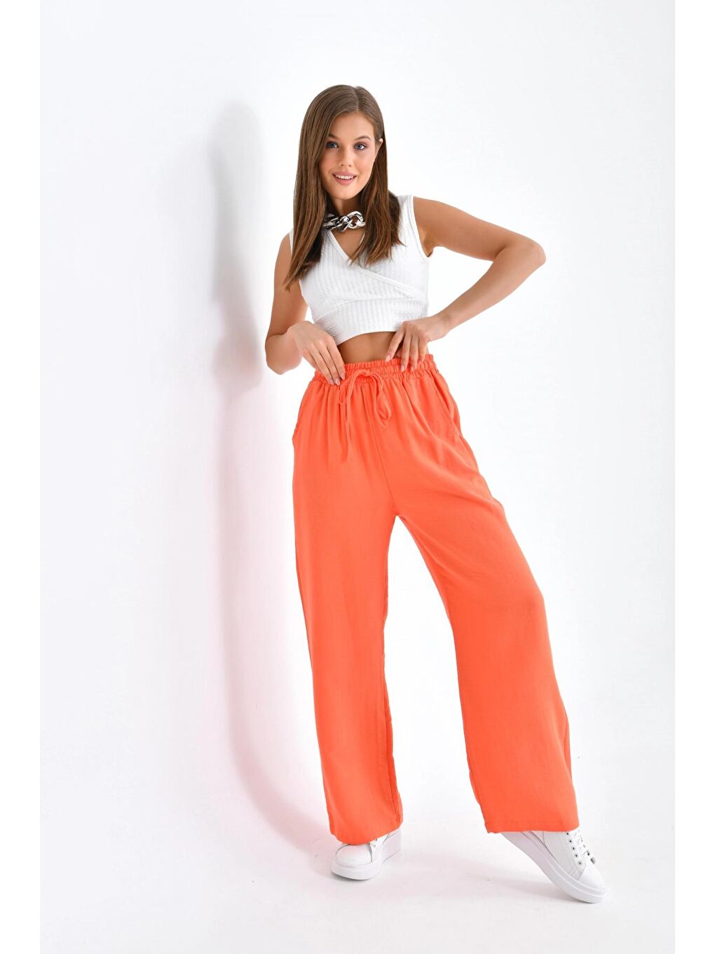 Turuncu Kadın Bol Paça Oranj Renk Pantolon-3