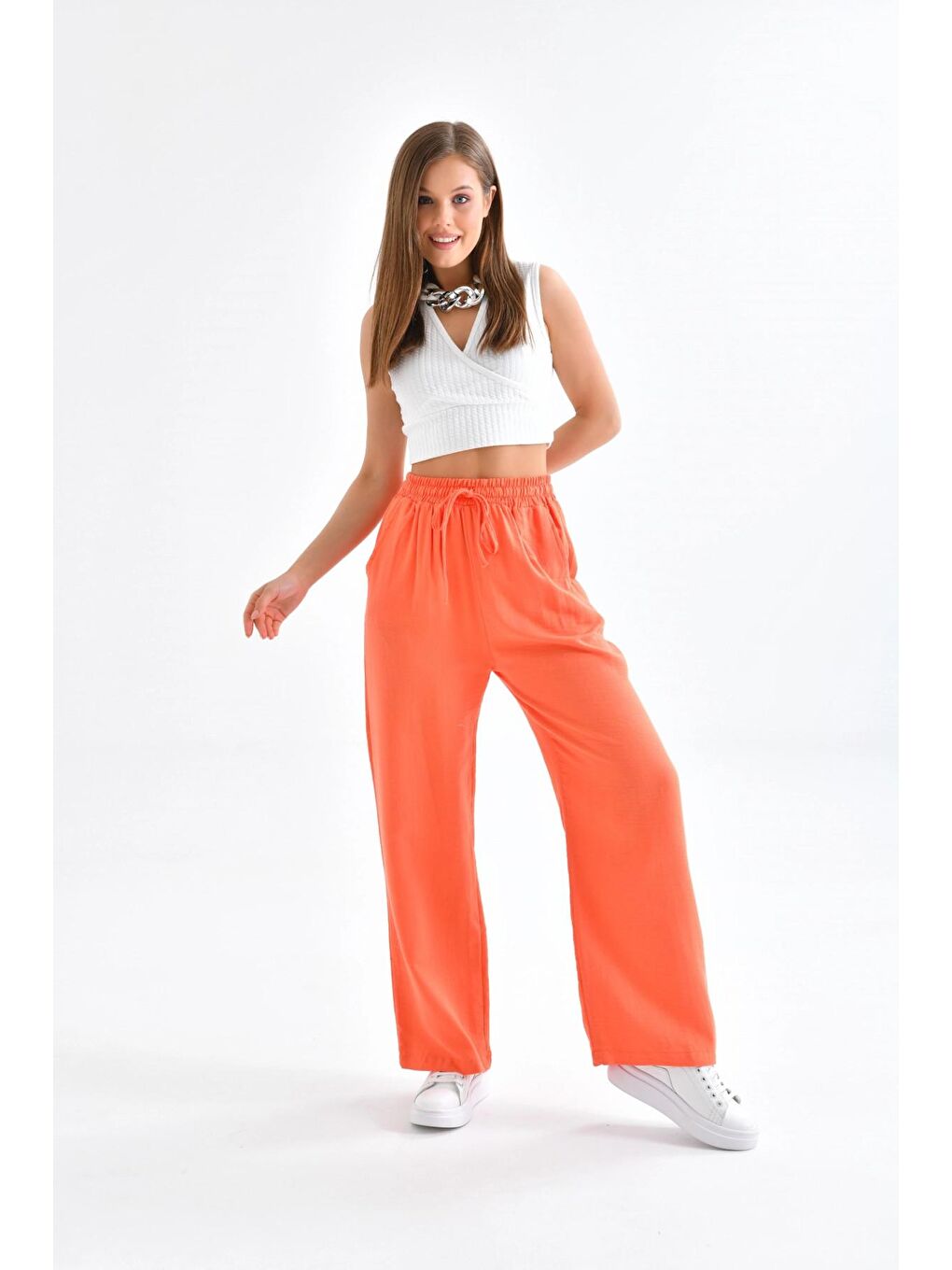 Turuncu Kadın Bol Paça Oranj Renk Pantolon-4