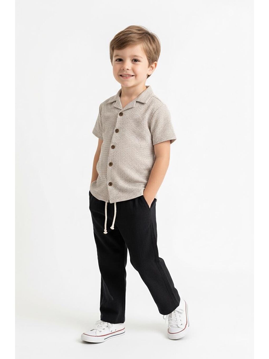 Bej Kabartma Çizgili Gömlek 2li Takım-1