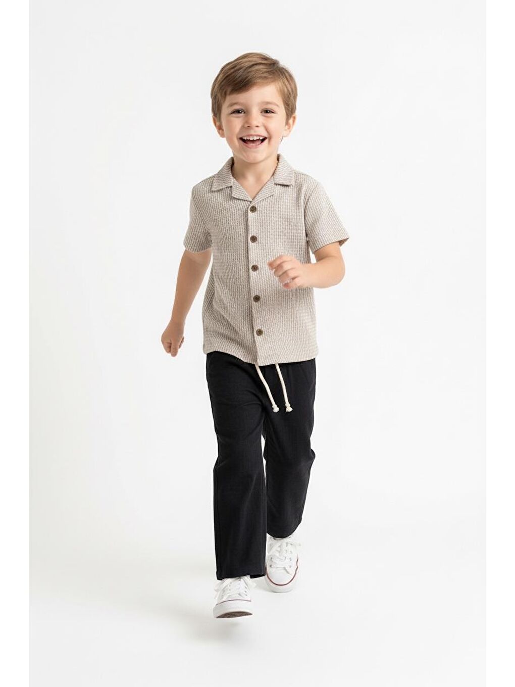 Bej Kabartma Çizgili Gömlek 2li Takım-3