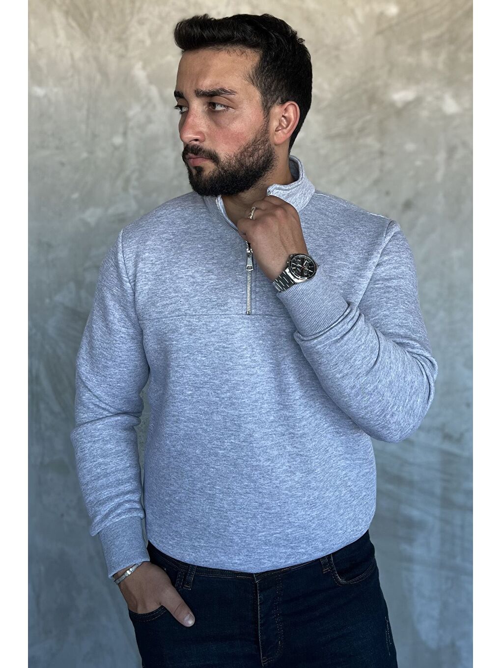 Gri Erkek Dik Yaka Yarım Fermuarlı Üç İplik Şardonlu Sweatshirt