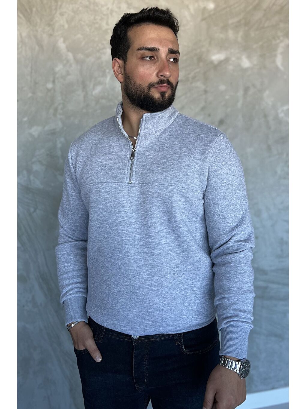 Gri Erkek Dik Yaka Yarım Fermuarlı Üç İplik Şardonlu Sweatshirt-1