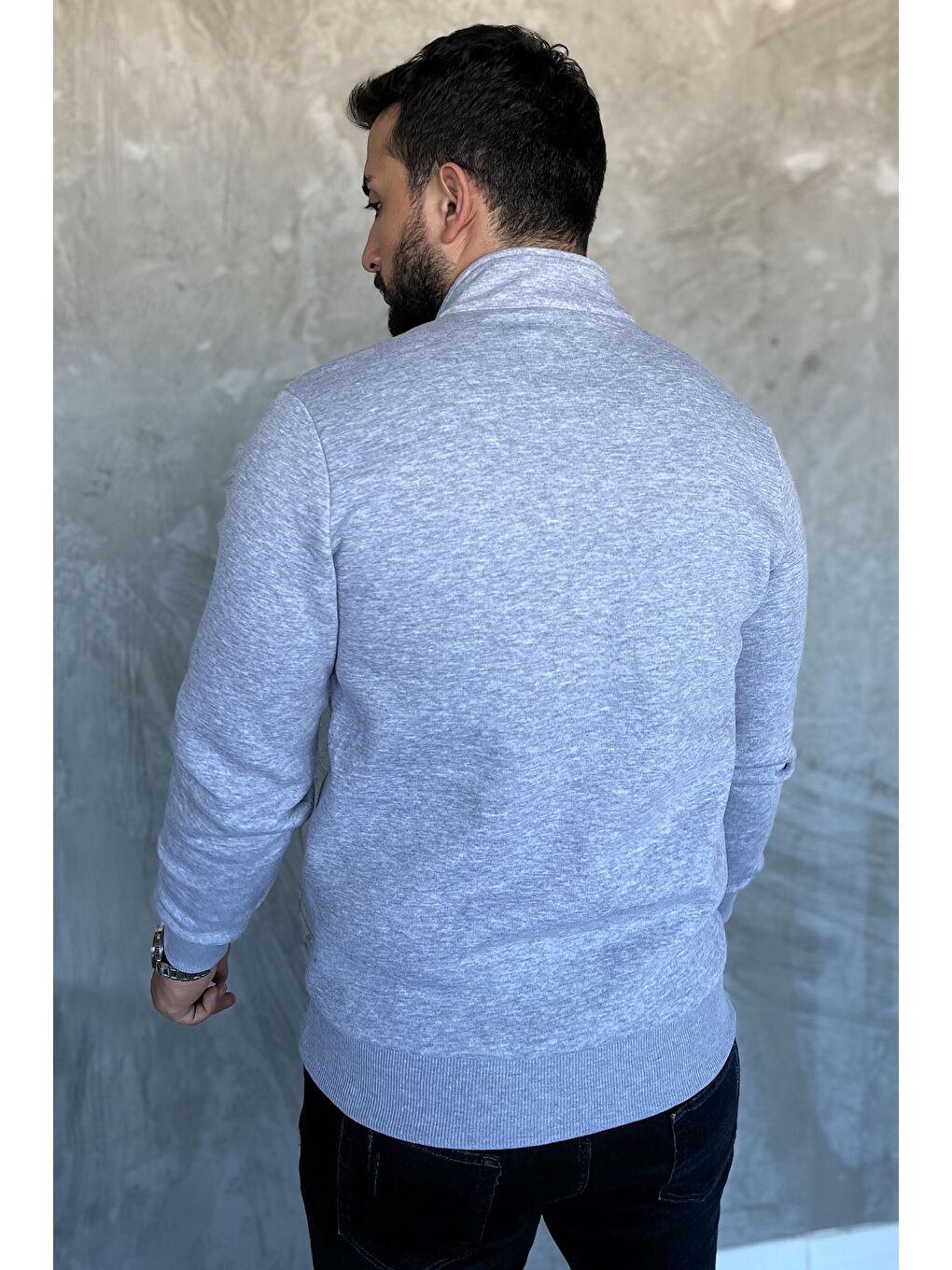 Gri Erkek Dik Yaka Yarım Fermuarlı Üç İplik Şardonlu Sweatshirt-3