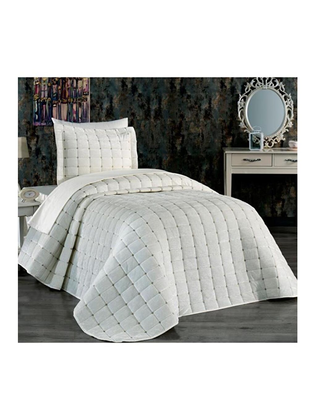 Ekru Çeyizdiyarı Laila Tek Kişilik Yatak Örtüsü Krem-2