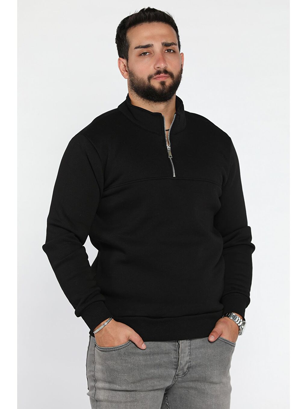 Siyah Erkek Dik Yaka Yarım Fermuarlı Üç İplik Şardonlu Sweatshirt