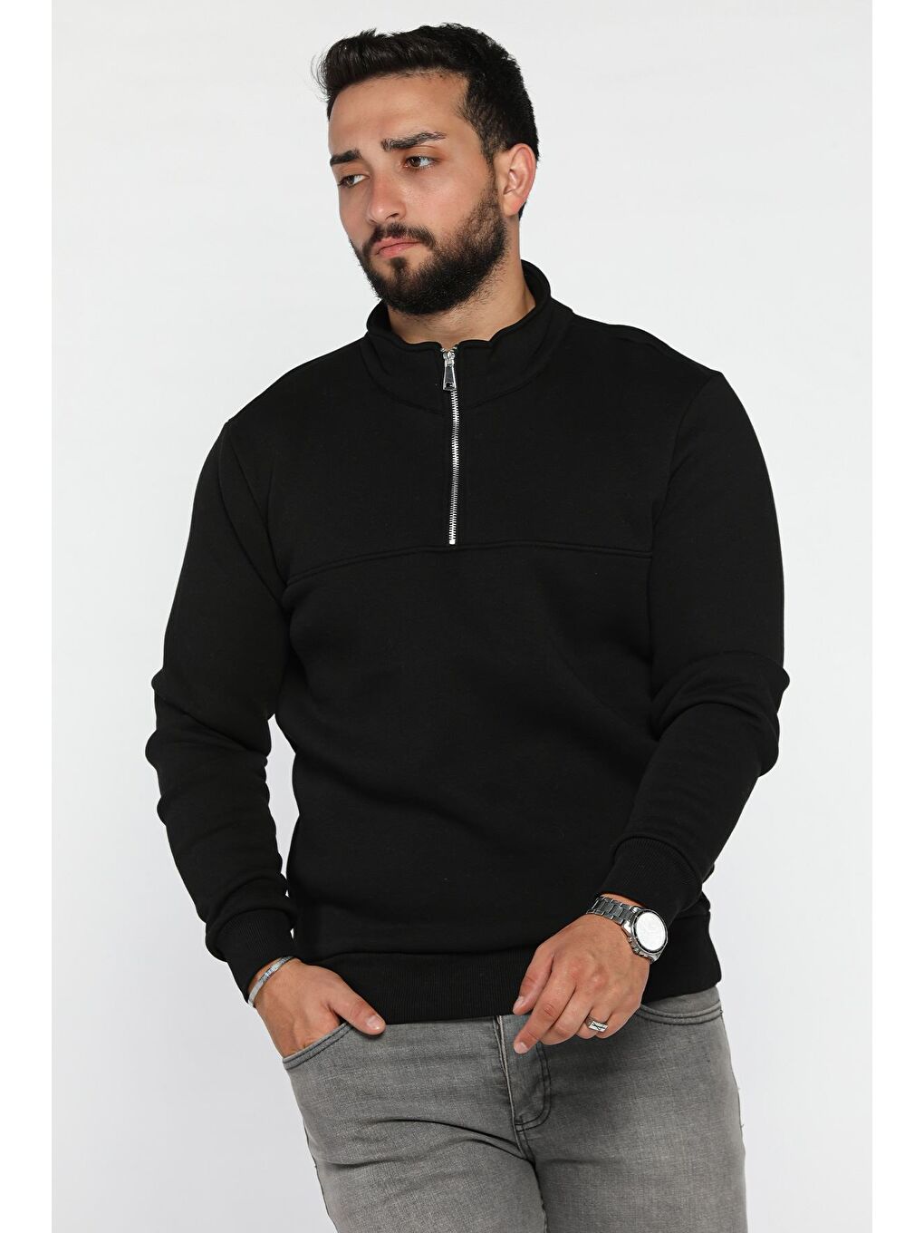 Siyah Erkek Dik Yaka Yarım Fermuarlı Üç İplik Şardonlu Sweatshirt-1