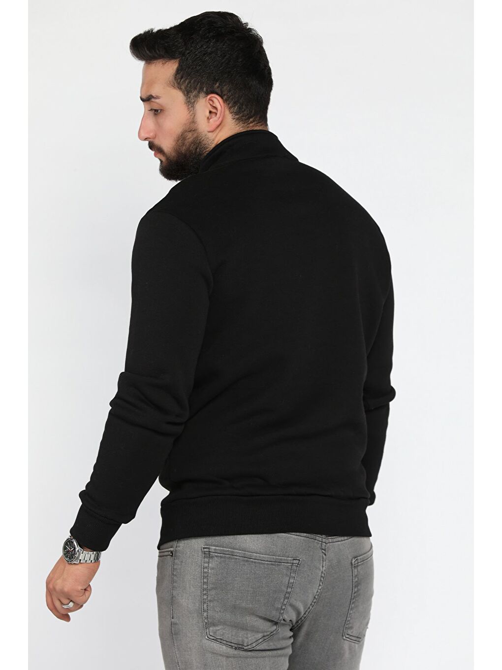 Siyah Erkek Dik Yaka Yarım Fermuarlı Üç İplik Şardonlu Sweatshirt-2