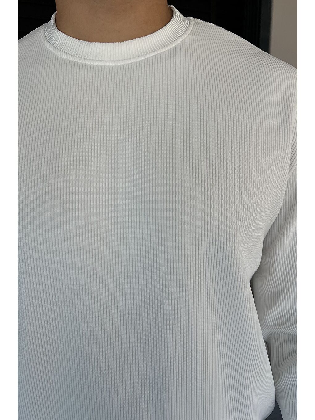 Ekru Bisiklet Yaka Jakarlı Erkek Sweatshirt-2