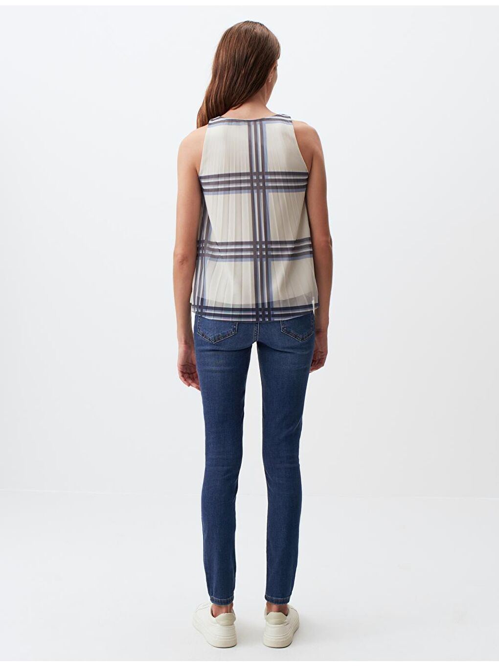 Ekru Kolsuz Ekose Desenli Piliseli Bluz-4