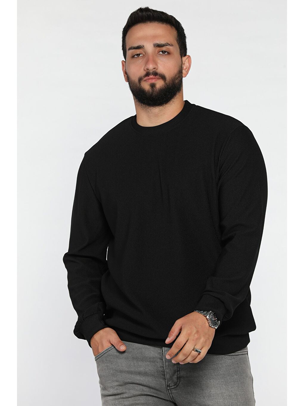 Siyah Bisiklet Yaka Jakarlı Erkek Sweatshirt-1