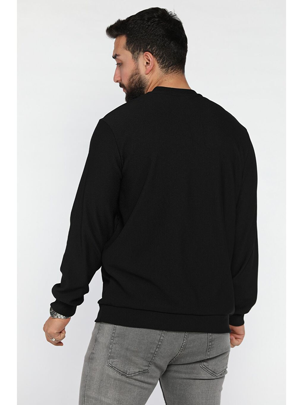 Siyah Bisiklet Yaka Jakarlı Erkek Sweatshirt-2