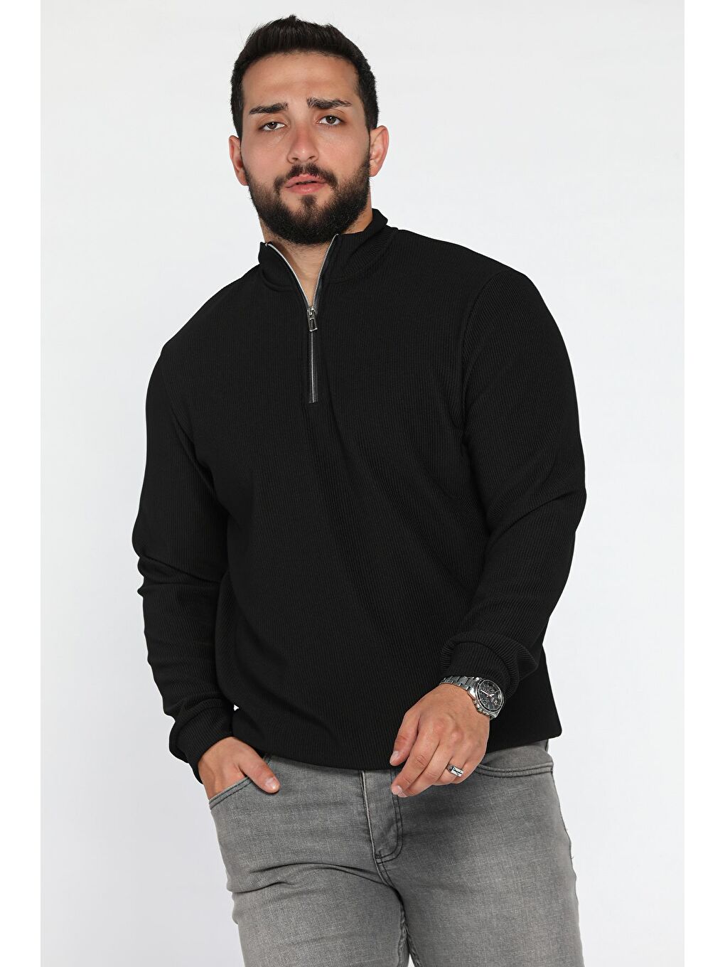 Siyah Dik Yaka Jakarlı Yarım Fermuarlı Erkek Sweatshirt