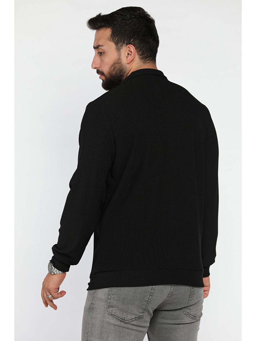 Siyah Dik Yaka Jakarlı Yarım Fermuarlı Erkek Sweatshirt-2