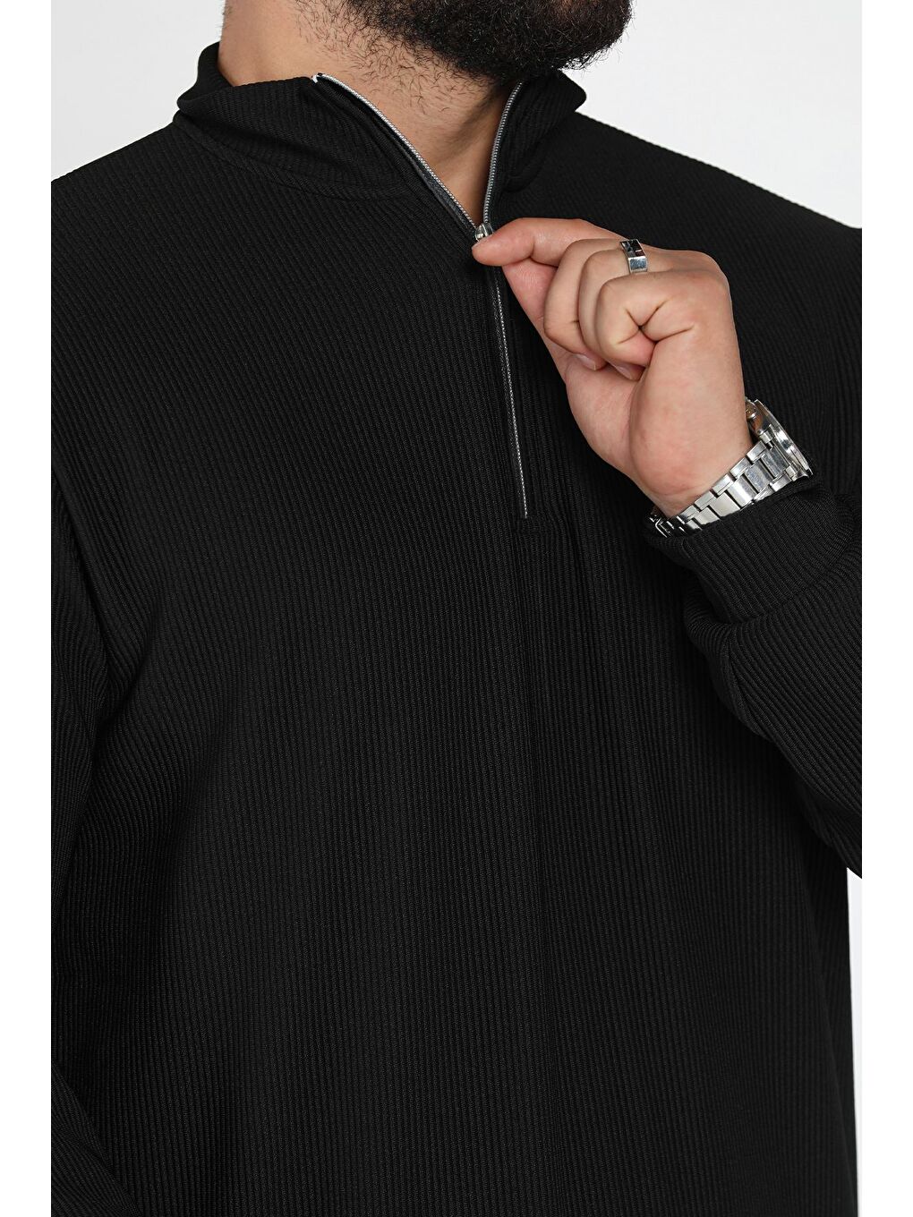 Siyah Dik Yaka Jakarlı Yarım Fermuarlı Erkek Sweatshirt-3