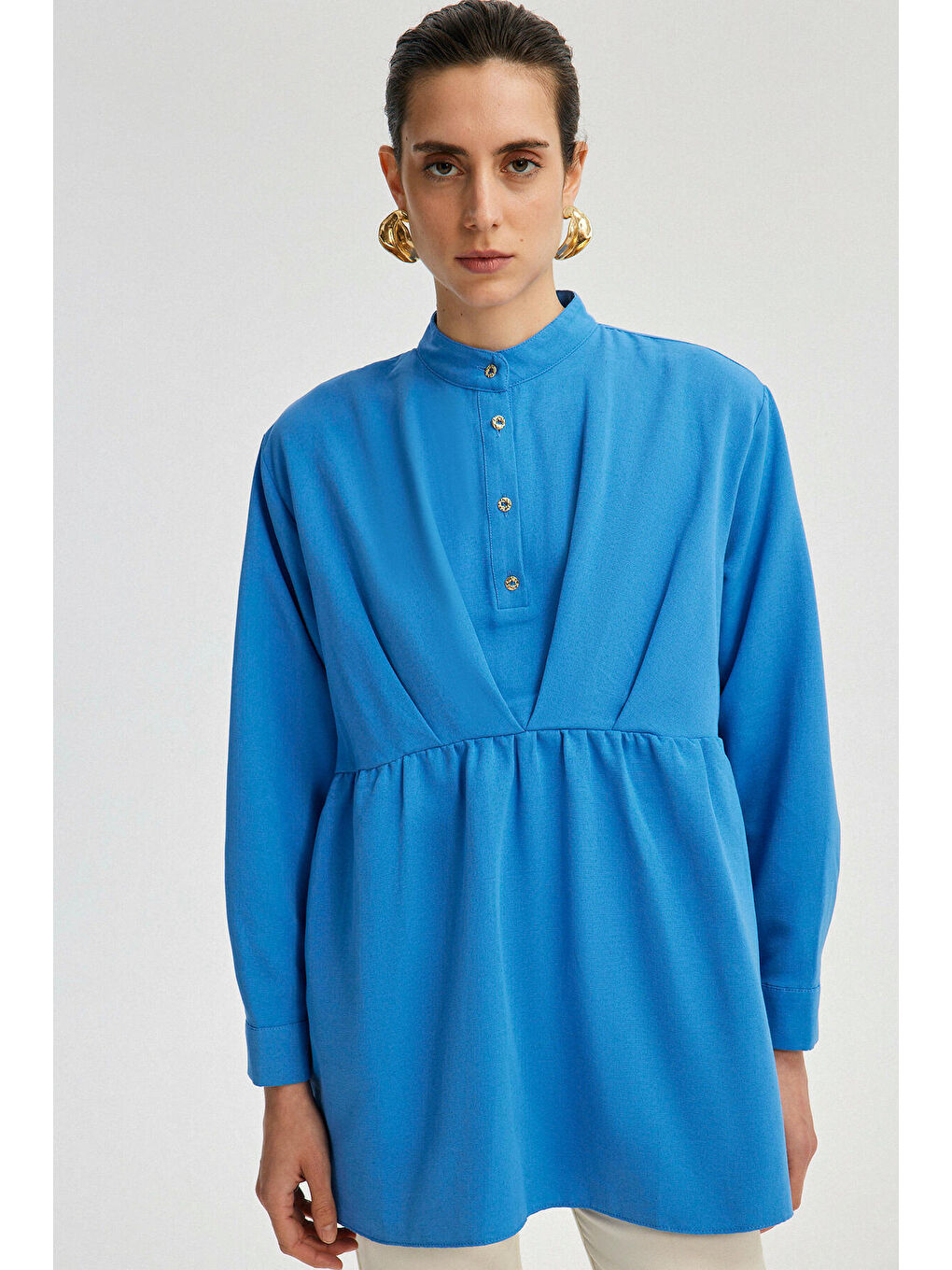 Mavi Büzgü Detaylı Poplin Tunik