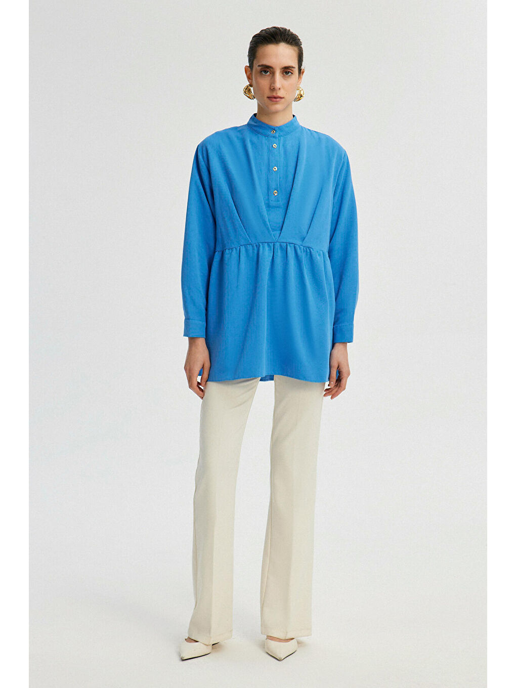 Mavi Büzgü Detaylı Poplin Tunik-1