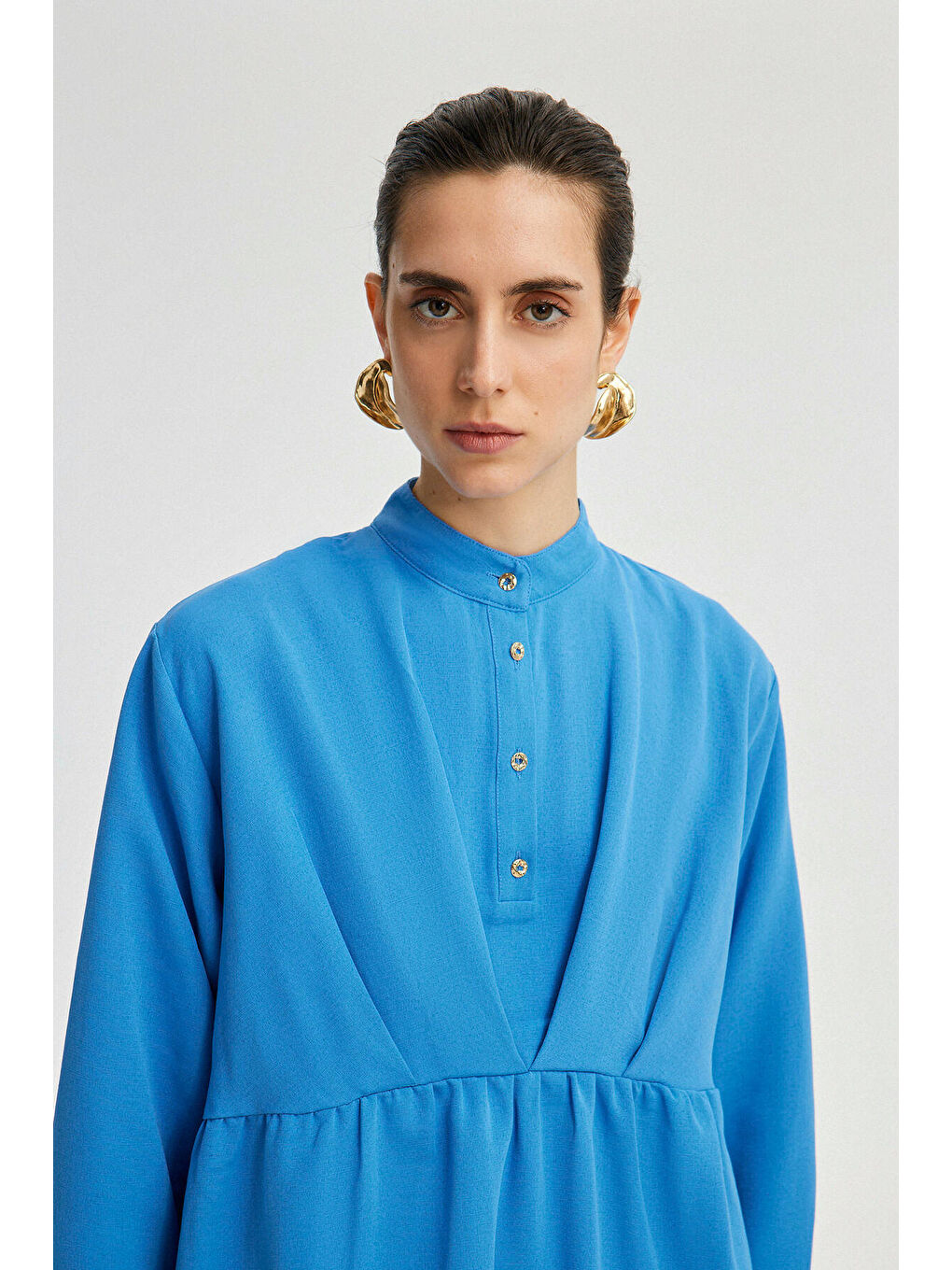 Mavi Büzgü Detaylı Poplin Tunik-2