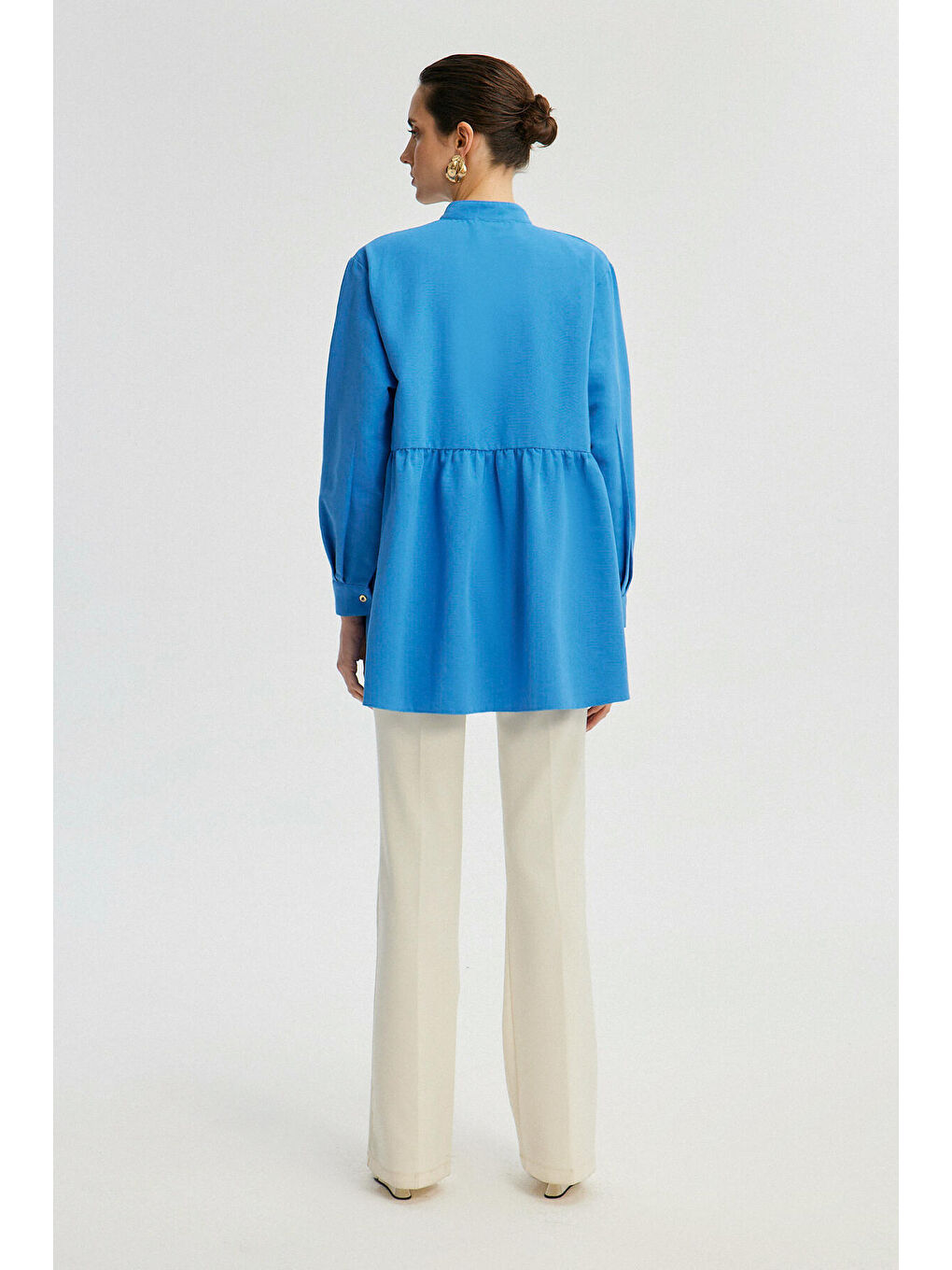 Mavi Büzgü Detaylı Poplin Tunik-4