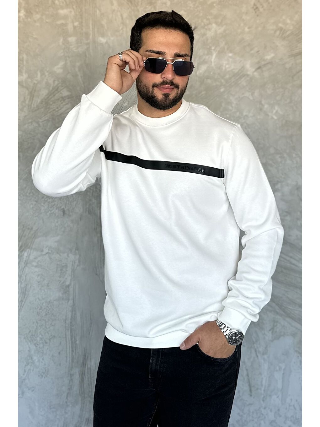 Ekru Erkek Ön Baskılı Bisiklet Yaka Sweatshirt-1