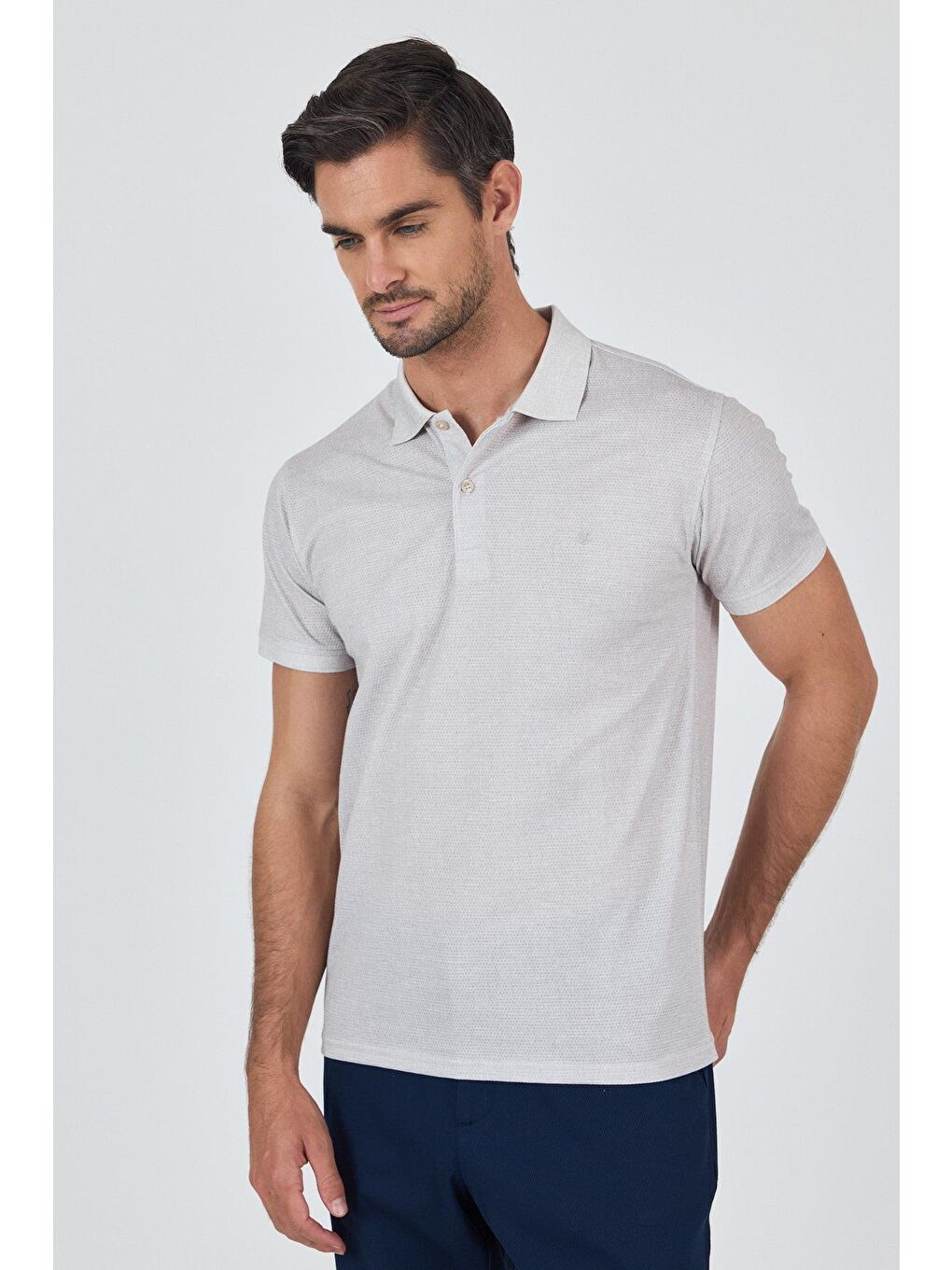 Açık Bej Kısa Kol Baskılı Pike Polo Yaka Cepsiz Esnek Casual Slim Fit Tişört 1011250153-2
