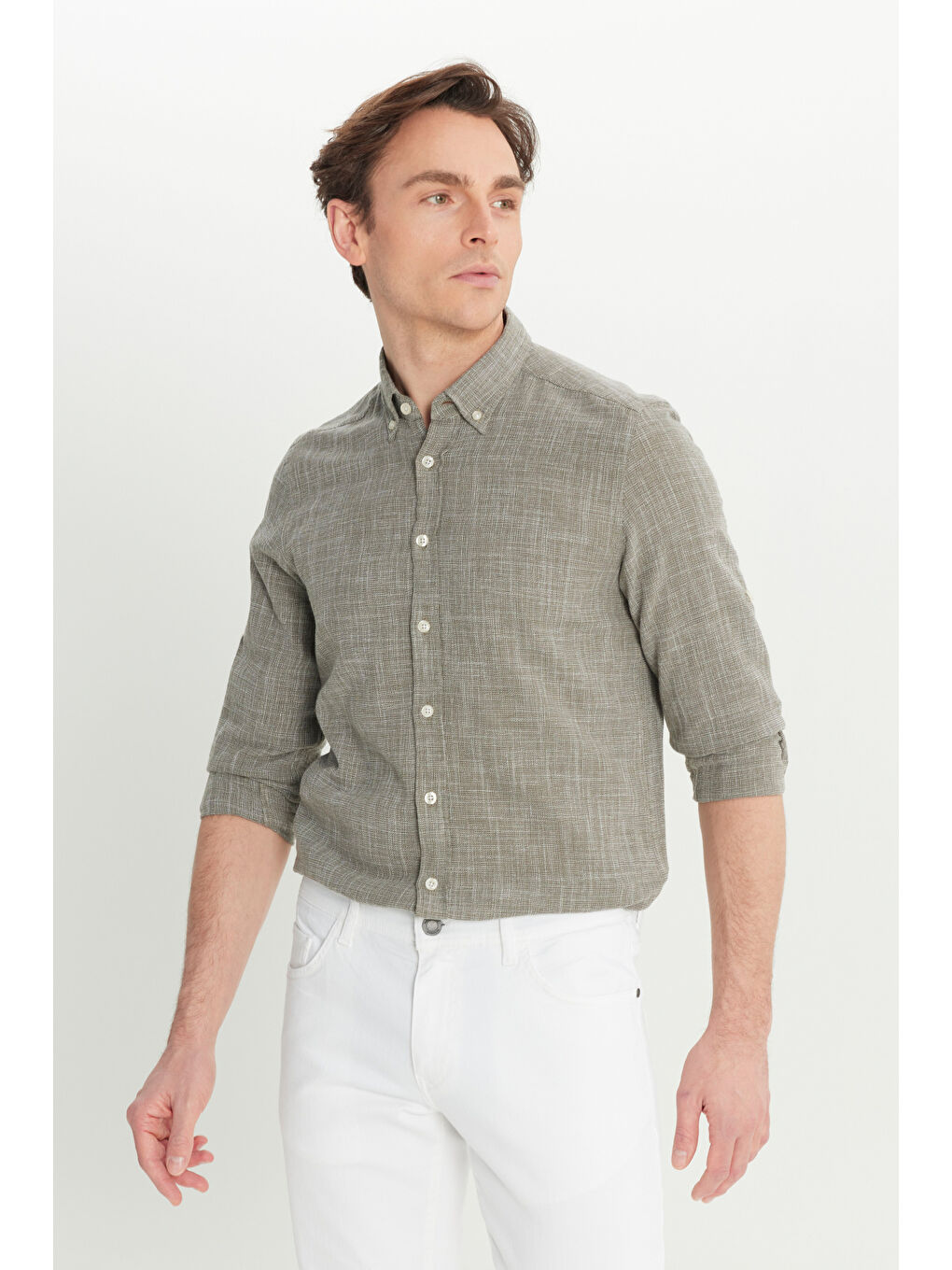 Erkek Haki %100 Pamuk Flamlı Slim Fit Dar Kesim Düğmeli Yaka Armürlü Gömlek