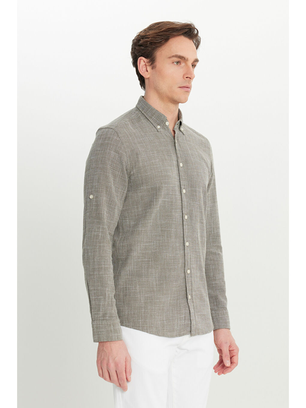 Erkek Haki %100 Pamuk Flamlı Slim Fit Dar Kesim Düğmeli Yaka Armürlü Gömlek-2