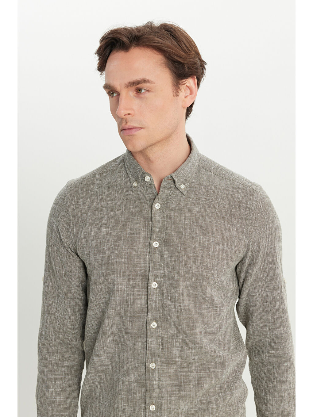 Erkek Haki %100 Pamuk Flamlı Slim Fit Dar Kesim Düğmeli Yaka Armürlü Gömlek-3