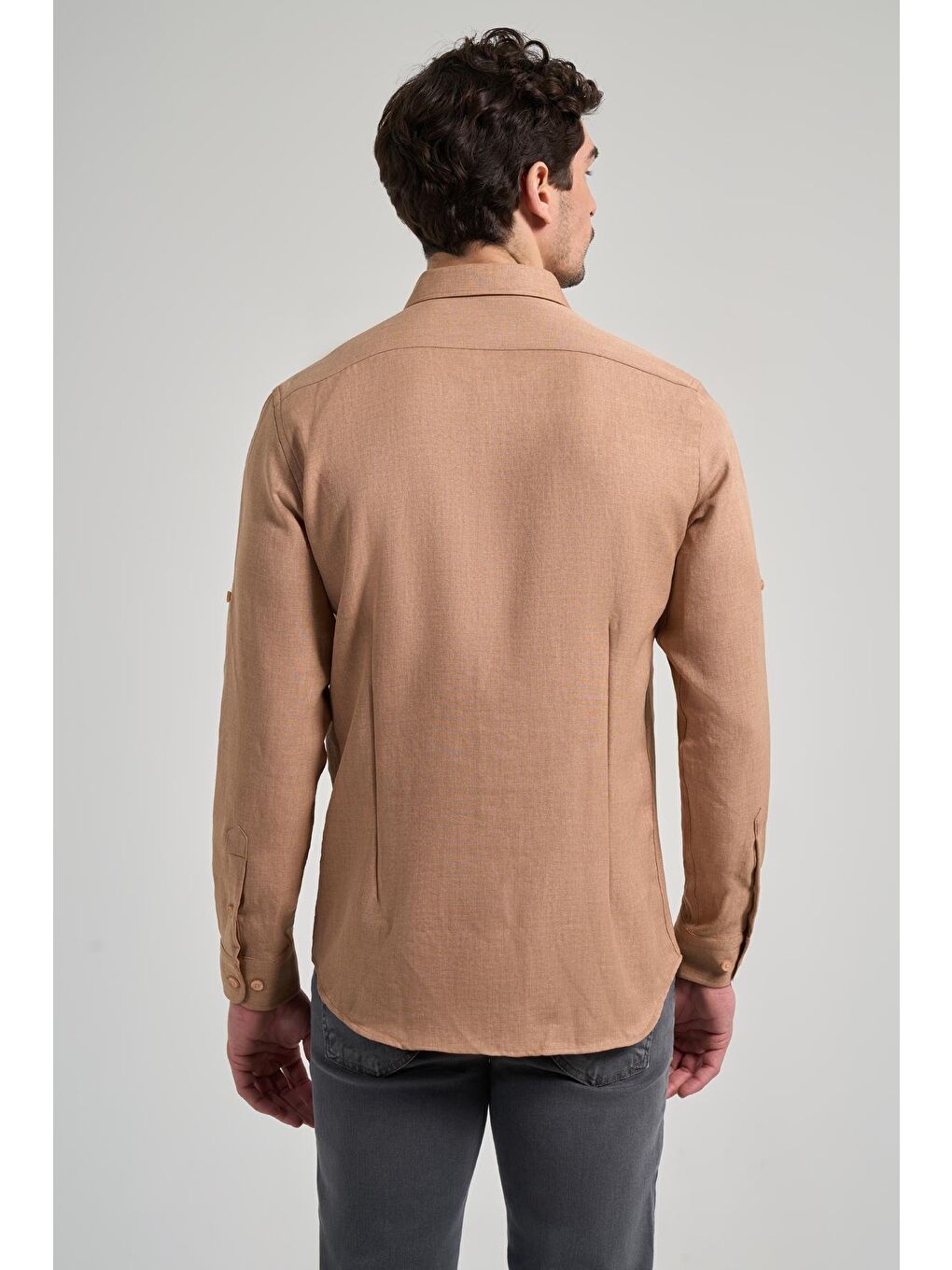 Kahverengi Camel Kısalabilir Kol Düz Gabardin Düğmeli Yaka Cepsiz Casual Slim Fit Gömlek 1004250124_595-4
